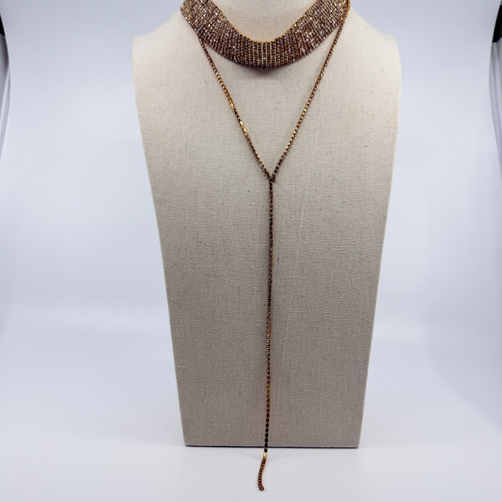 VTG Gold Tone Rhinestone Wide Choker & Lariat Y-Necklace Layered Statement Set